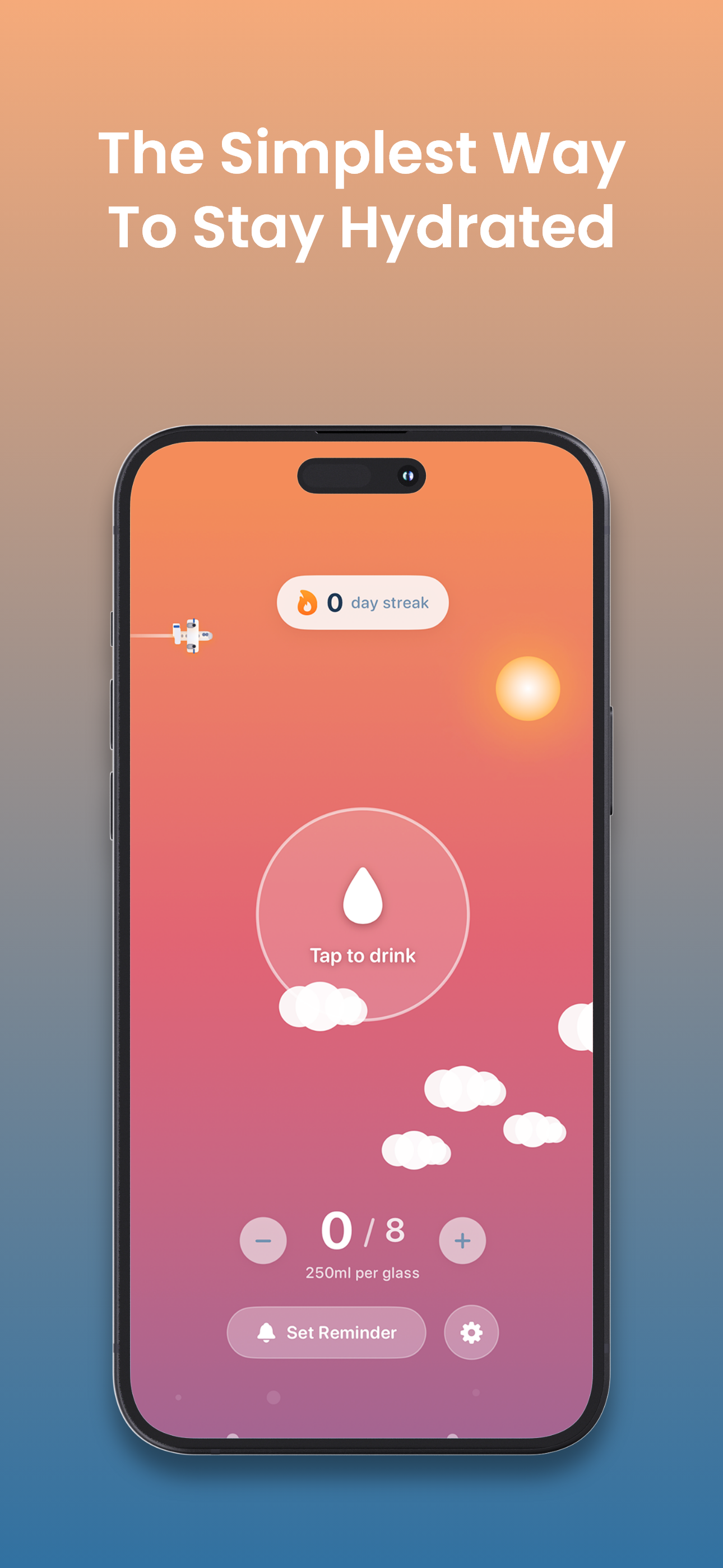 Think Drink home screen showing daily water goal and tap to drink button