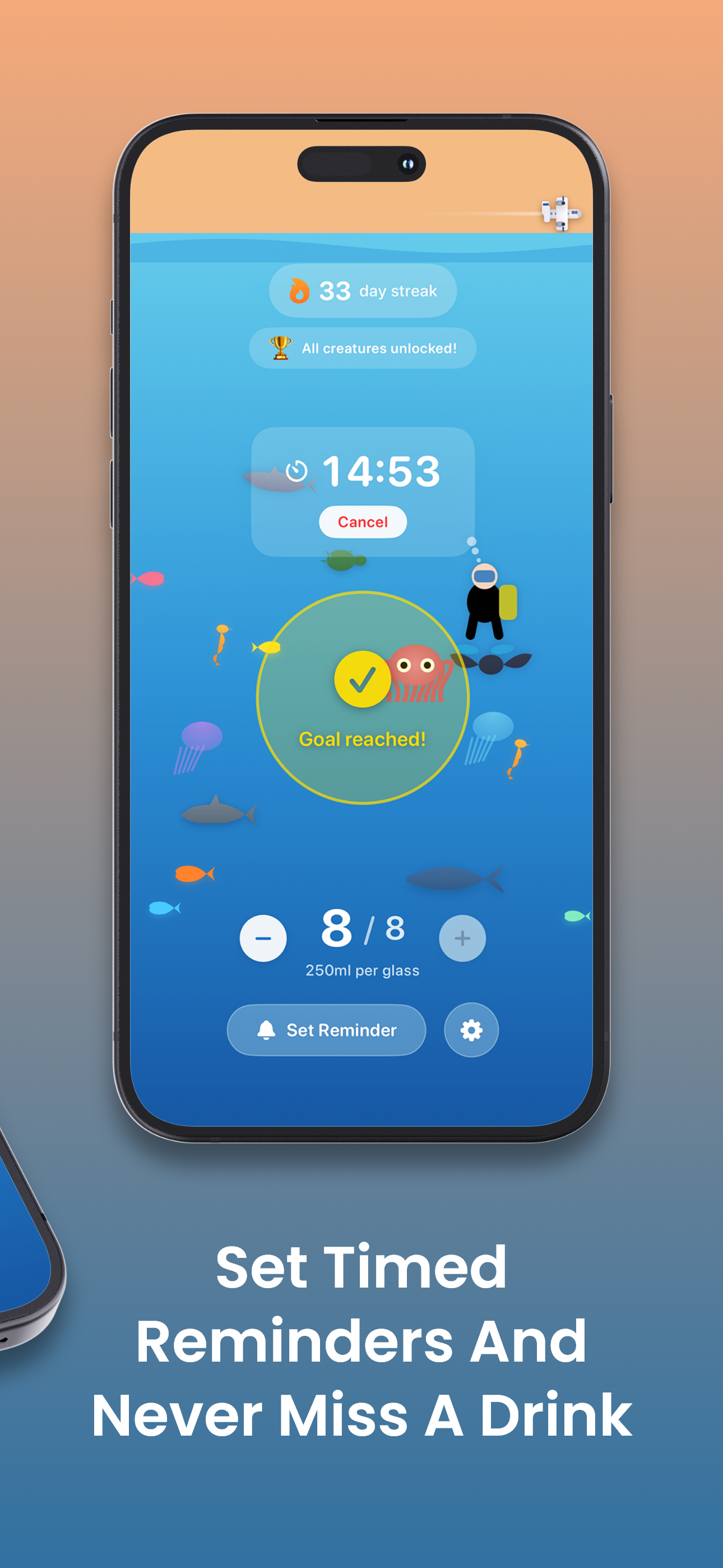 Think Drink showing countdown reminder overlay