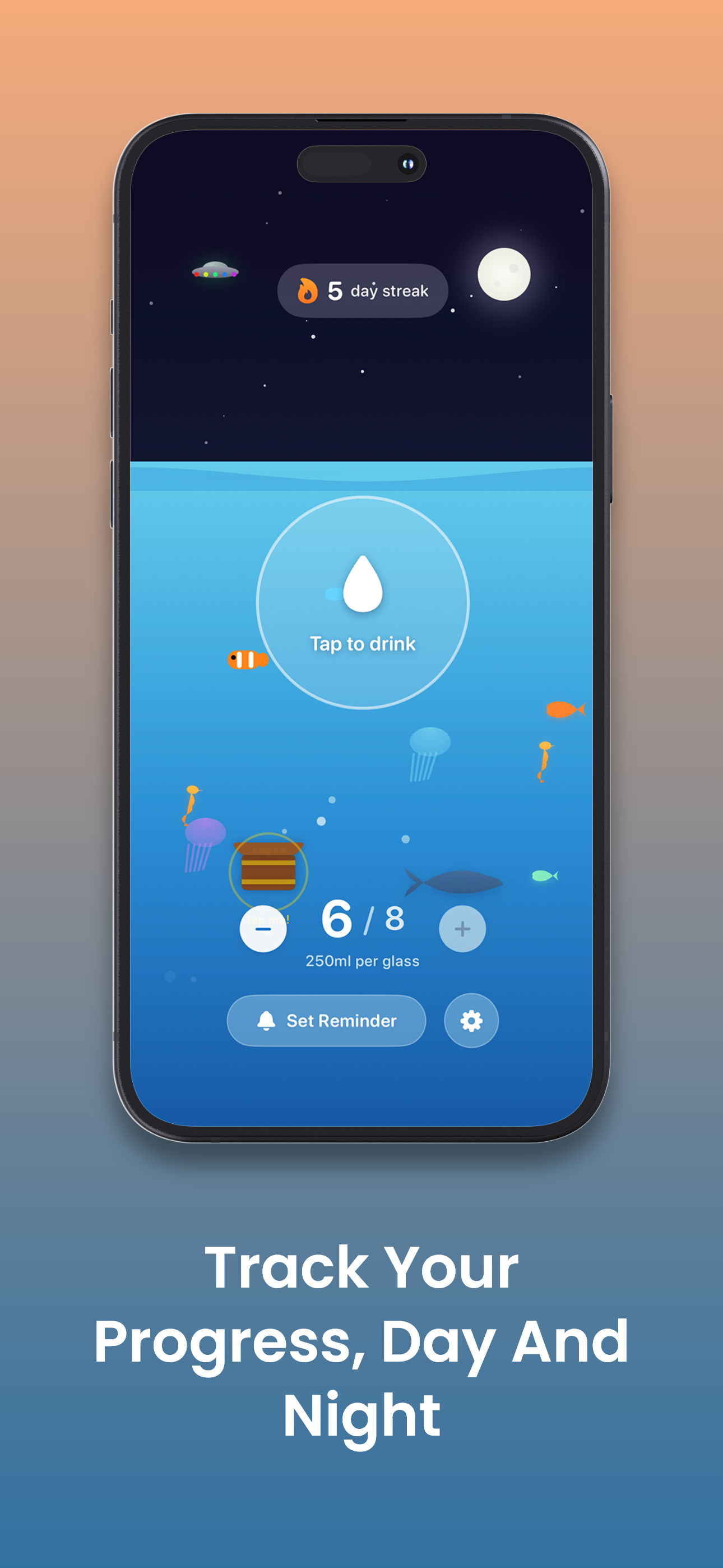 Think Drink night-time scene with moon and underwater creatures